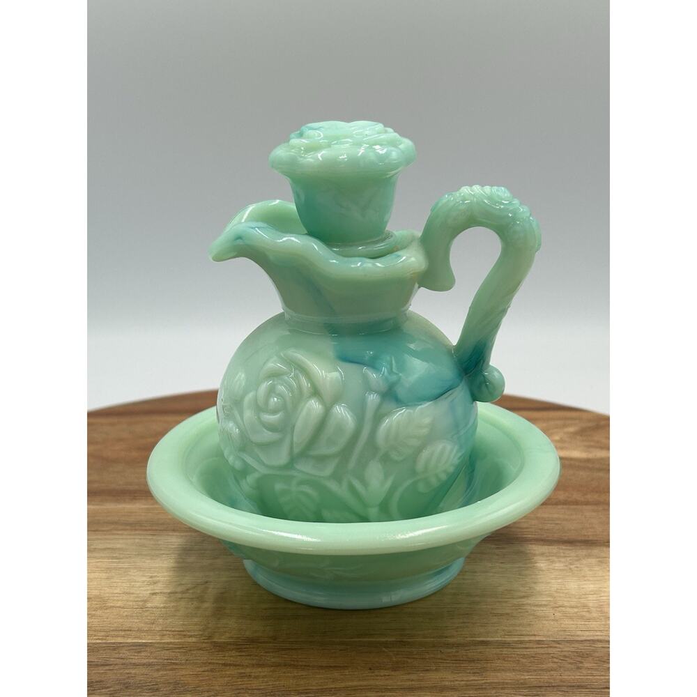 Vintage Avon Bath Oil Decanter Jadeite Blue Green Slag Milk Glass Embossed Rose